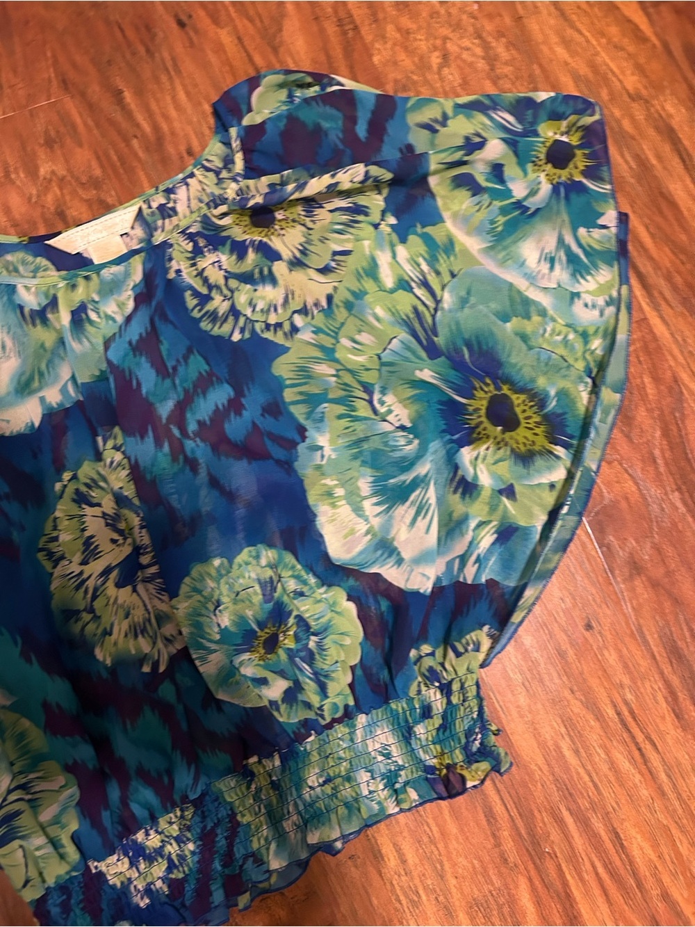 Floral Blue & Green Off-Shoulder Women’s Top Flutter Butterfly Sleeves - Picture 2 of 7